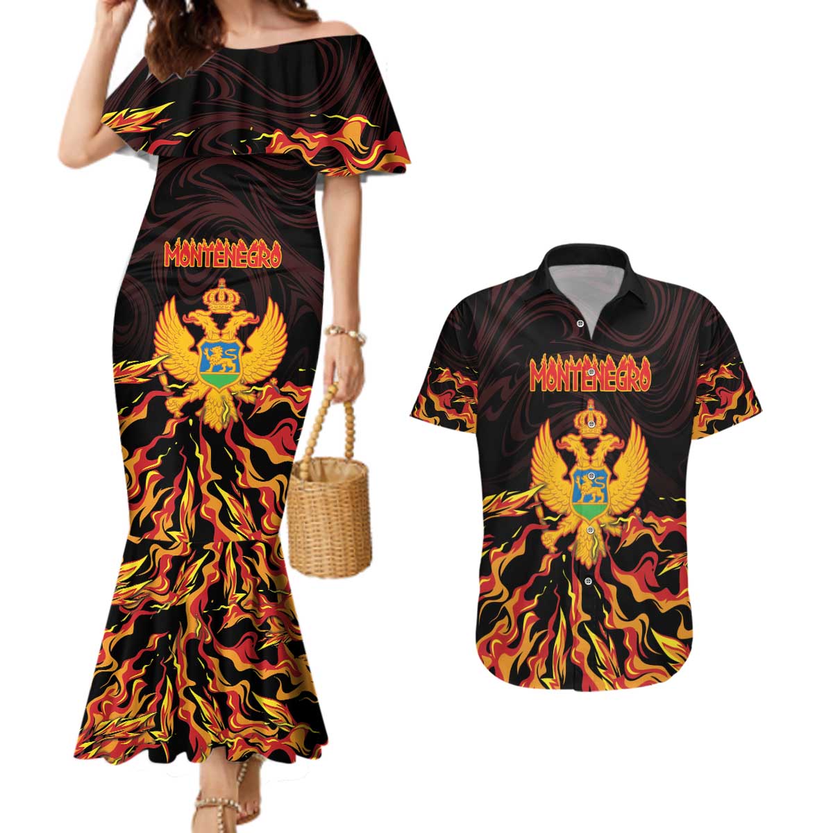 Personalized Montenegro Couples Matching Mermaid Dress and Hawaiian Shirt Coat Of Arms Fire Style - Wonder Print Shop