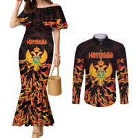 Personalized Montenegro Couples Matching Mermaid Dress and Long Sleeve Button Shirt Coat Of Arms Fire Style - Wonder Print Shop