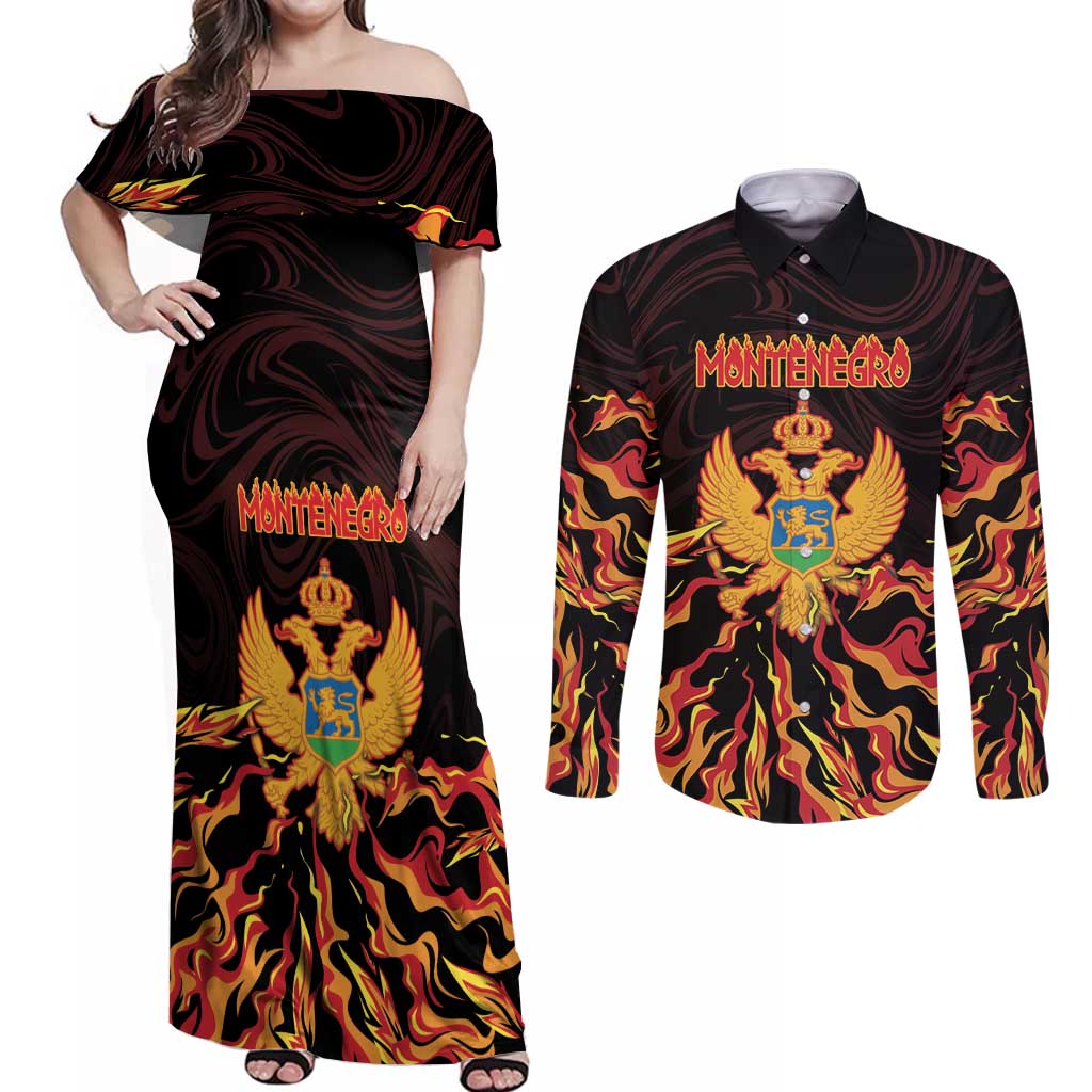 Personalized Montenegro Couples Matching Off Shoulder Maxi Dress and Long Sleeve Button Shirt Coat Of Arms Fire Style - Wonder Print Shop