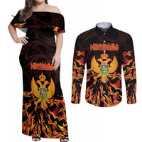 Personalized Montenegro Couples Matching Off Shoulder Maxi Dress and Long Sleeve Button Shirt Coat Of Arms Fire Style - Wonder Print Shop