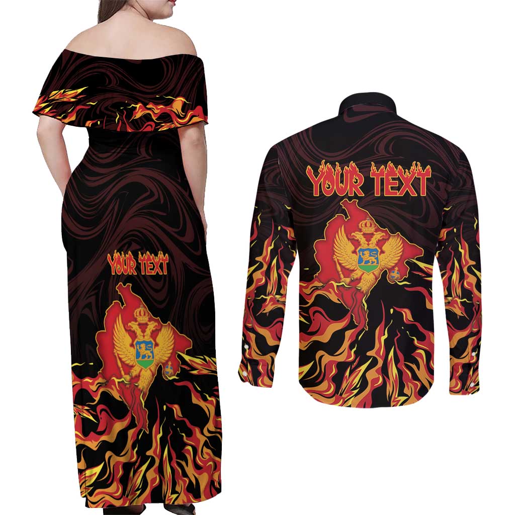 Personalized Montenegro Couples Matching Off Shoulder Maxi Dress and Long Sleeve Button Shirt Coat Of Arms Fire Style - Wonder Print Shop