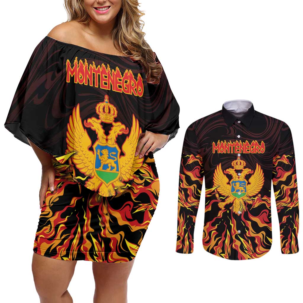 Personalized Montenegro Couples Matching Off Shoulder Short Dress and Long Sleeve Button Shirt Coat Of Arms Fire Style - Wonder Print Shop