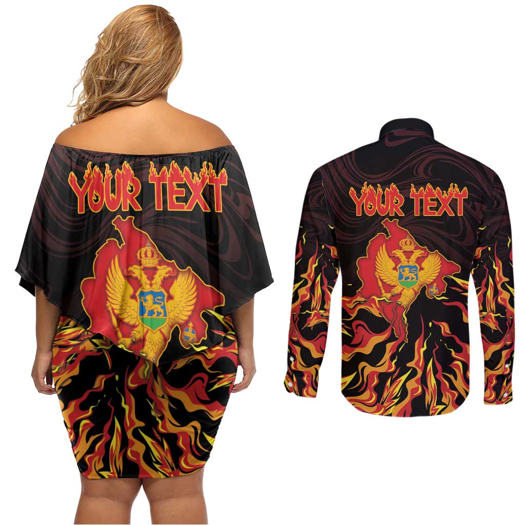 Personalized Montenegro Couples Matching Off Shoulder Short Dress and Long Sleeve Button Shirt Coat Of Arms Fire Style - Wonder Print Shop