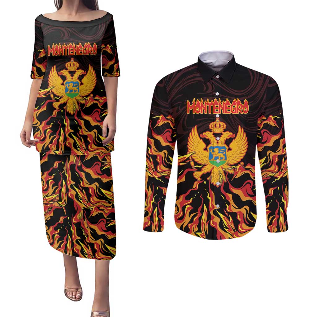 Personalized Montenegro Couples Matching Puletasi and Long Sleeve Button Shirt Coat Of Arms Fire Style - Wonder Print Shop