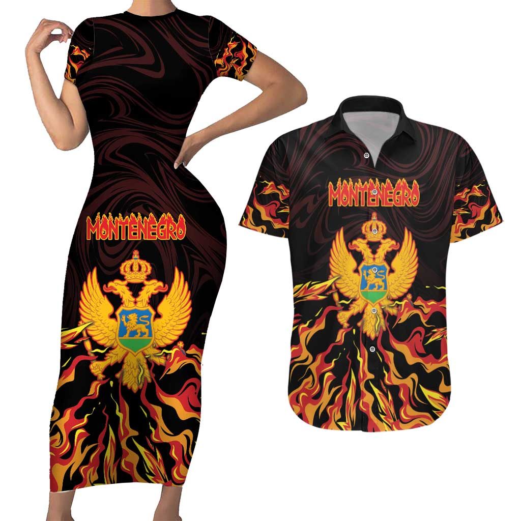 Personalized Montenegro Couples Matching Short Sleeve Bodycon Dress and Hawaiian Shirt Coat Of Arms Fire Style - Wonder Print Shop
