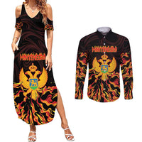 Personalized Montenegro Couples Matching Summer Maxi Dress and Long Sleeve Button Shirt Coat Of Arms Fire Style - Wonder Print Shop