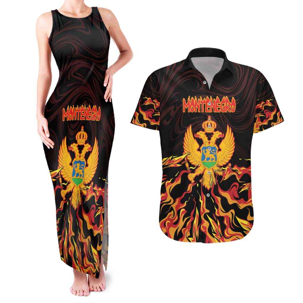Personalized Montenegro Couples Matching Tank Maxi Dress and Hawaiian Shirt Coat Of Arms Fire Style - Wonder Print Shop