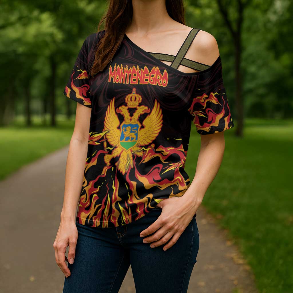 Personalized Montenegro Cross Shoulder Shirt Coat Of Arms Fire Style - Wonder Print Shop
