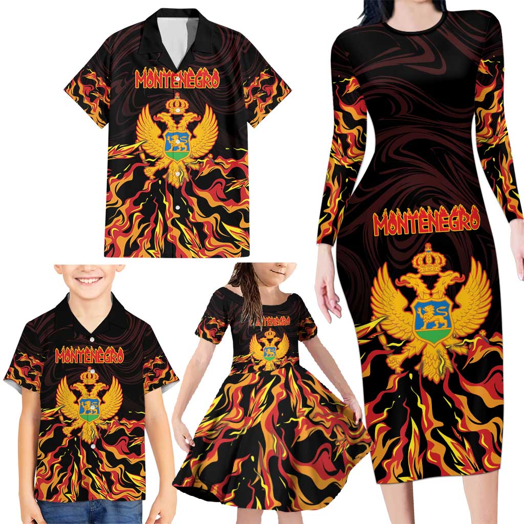 Personalized Montenegro Family Matching Long Sleeve Bodycon Dress and Hawaiian Shirt Coat Of Arms Fire Style - Wonder Print Shop