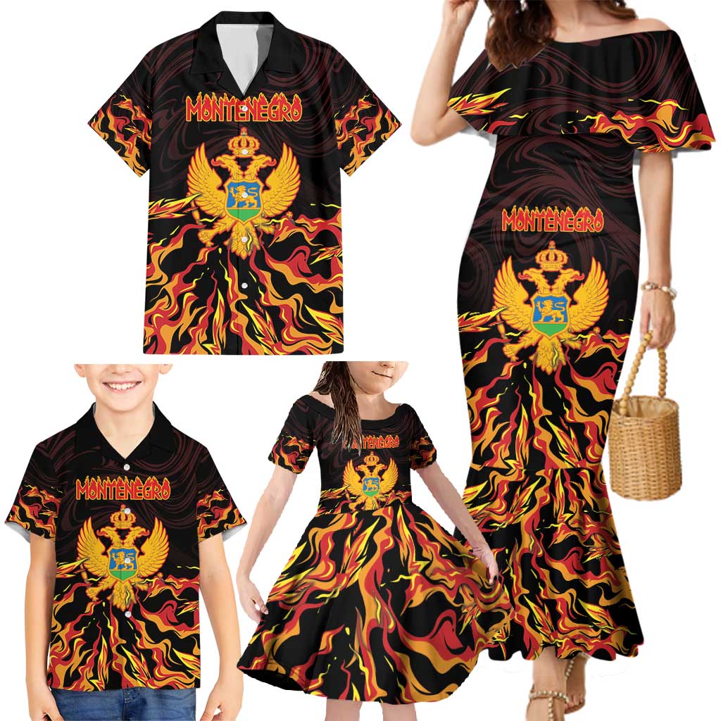 Personalized Montenegro Family Matching Mermaid Dress and Hawaiian Shirt Coat Of Arms Fire Style - Wonder Print Shop