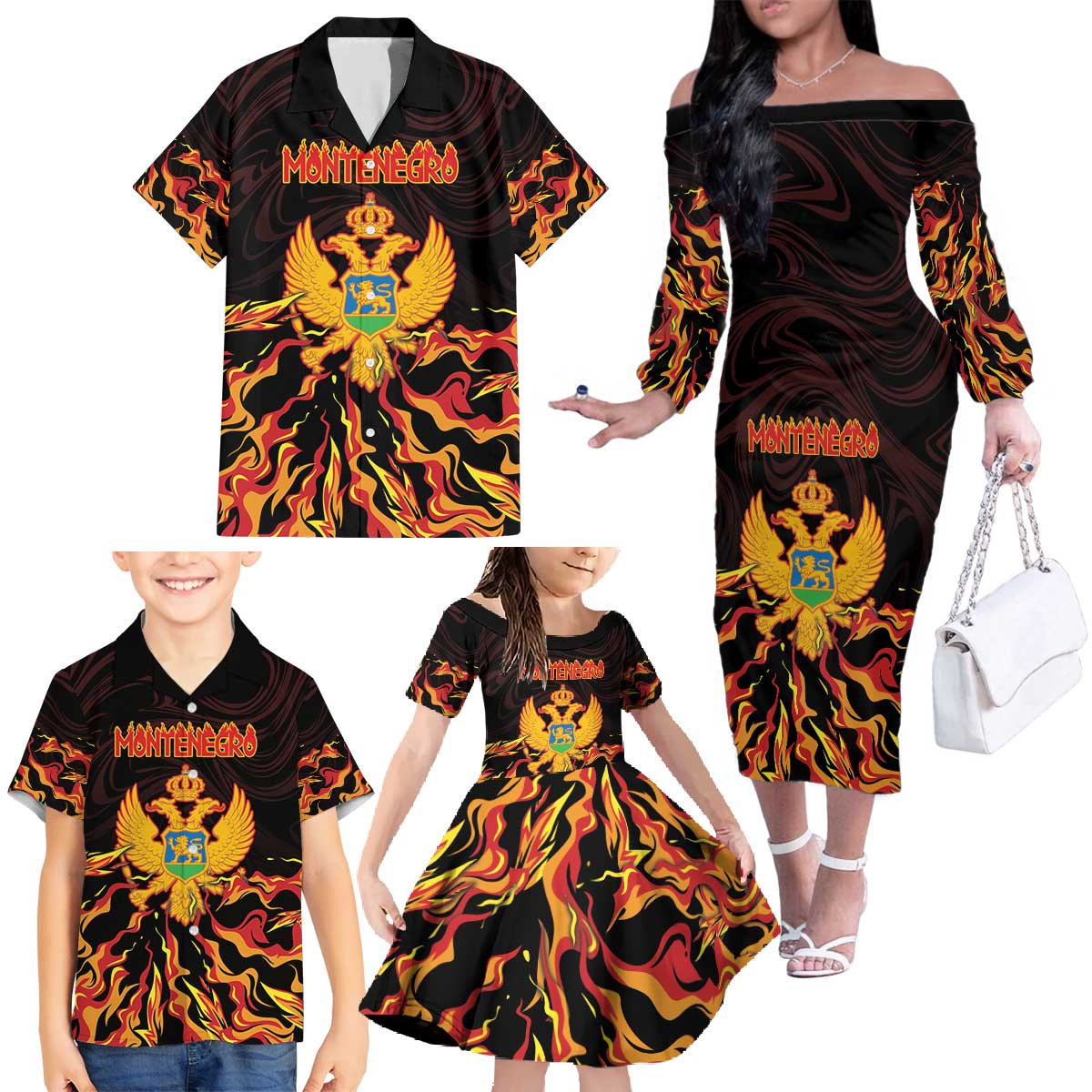 Personalized Montenegro Family Matching Off The Shoulder Long Sleeve Dress and Hawaiian Shirt Coat Of Arms Fire Style - Wonder Print Shop