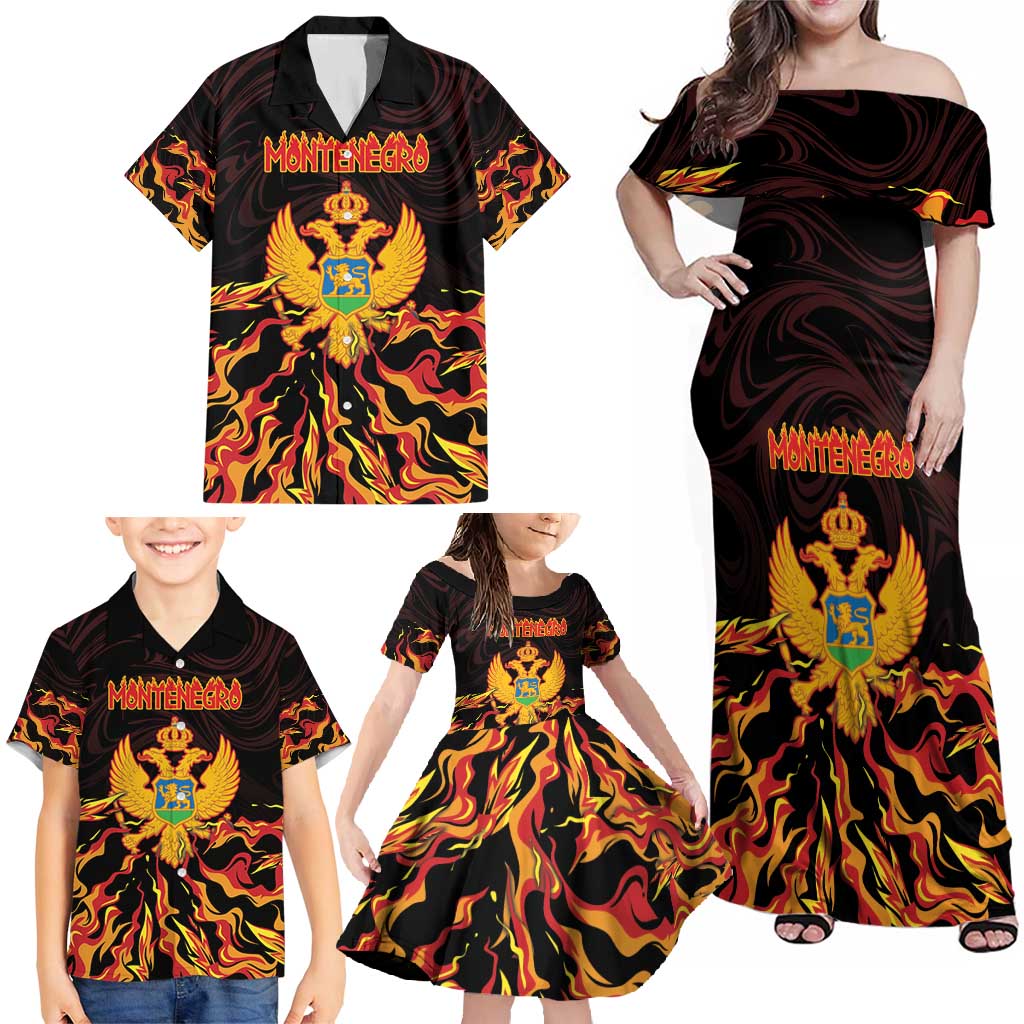Personalized Montenegro Family Matching Off Shoulder Maxi Dress and Hawaiian Shirt Coat Of Arms Fire Style - Wonder Print Shop