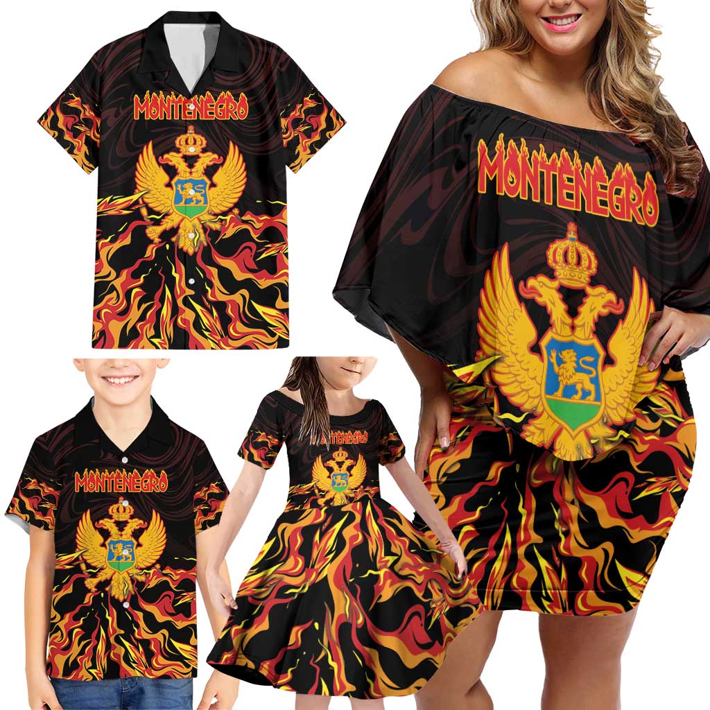 Personalized Montenegro Family Matching Off Shoulder Short Dress and Hawaiian Shirt Coat Of Arms Fire Style - Wonder Print Shop