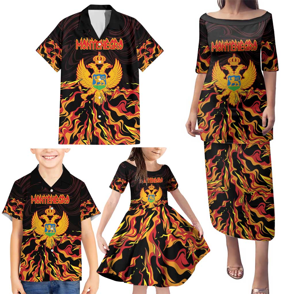 Personalized Montenegro Family Matching Puletasi and Hawaiian Shirt Coat Of Arms Fire Style - Wonder Print Shop