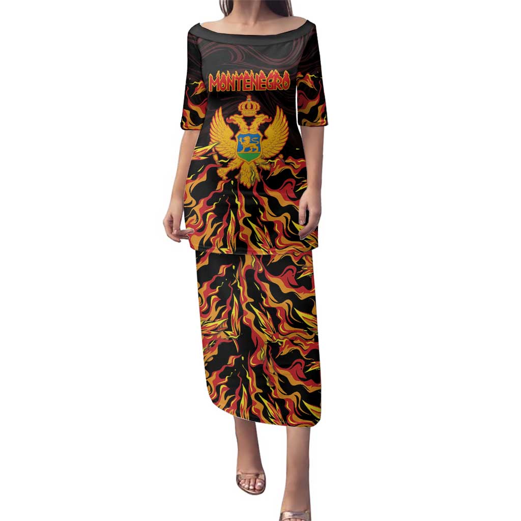 Personalized Montenegro Family Matching Puletasi and Hawaiian Shirt Coat Of Arms Fire Style - Wonder Print Shop