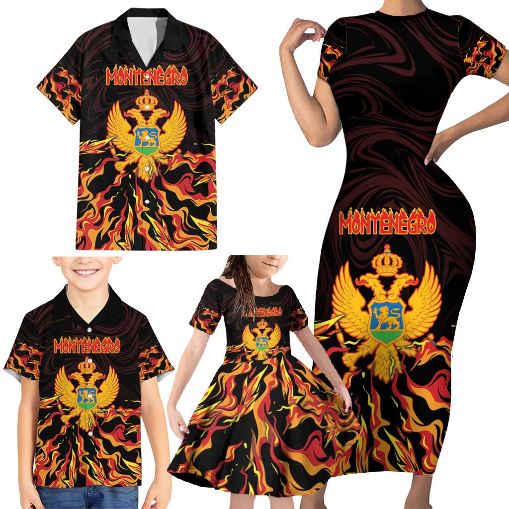 Personalized Montenegro Family Matching Short Sleeve Bodycon Dress and Hawaiian Shirt Coat Of Arms Fire Style - Wonder Print Shop