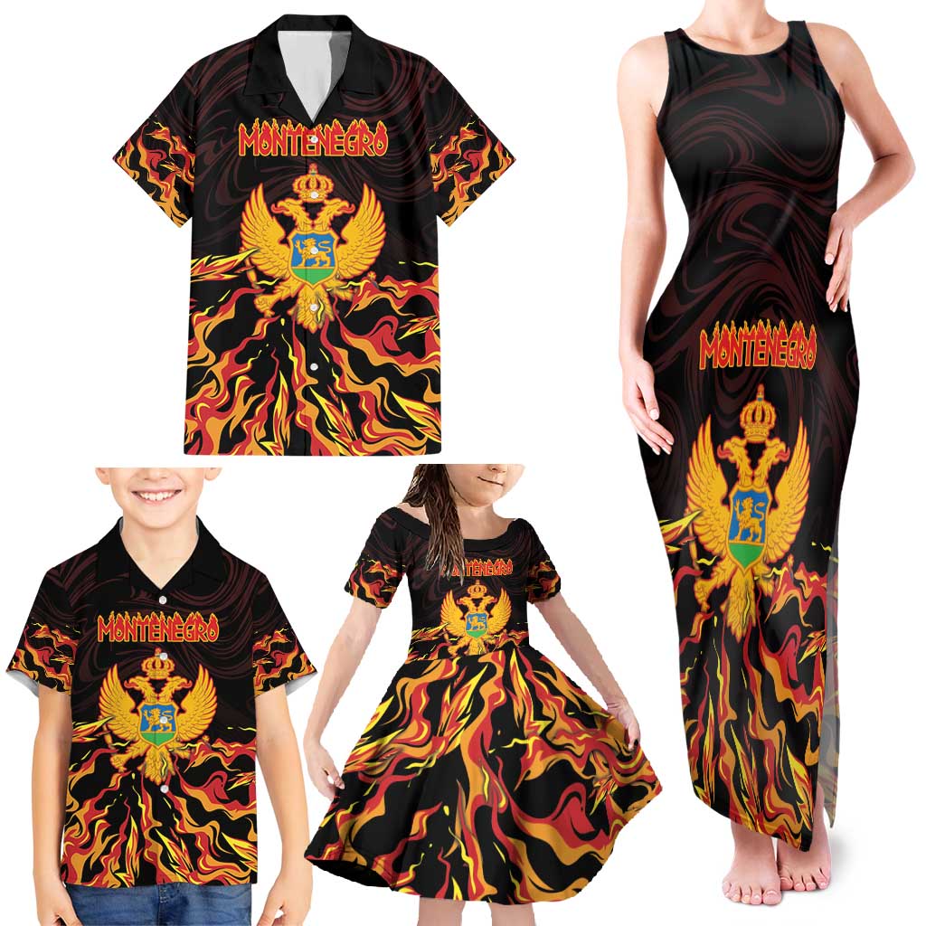 Personalized Montenegro Family Matching Tank Maxi Dress and Hawaiian Shirt Coat Of Arms Fire Style - Wonder Print Shop