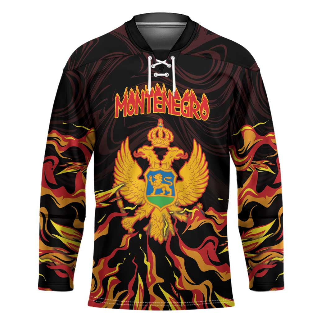 Personalized Montenegro Hockey Jersey Coat Of Arms Fire Style - Wonder Print Shop