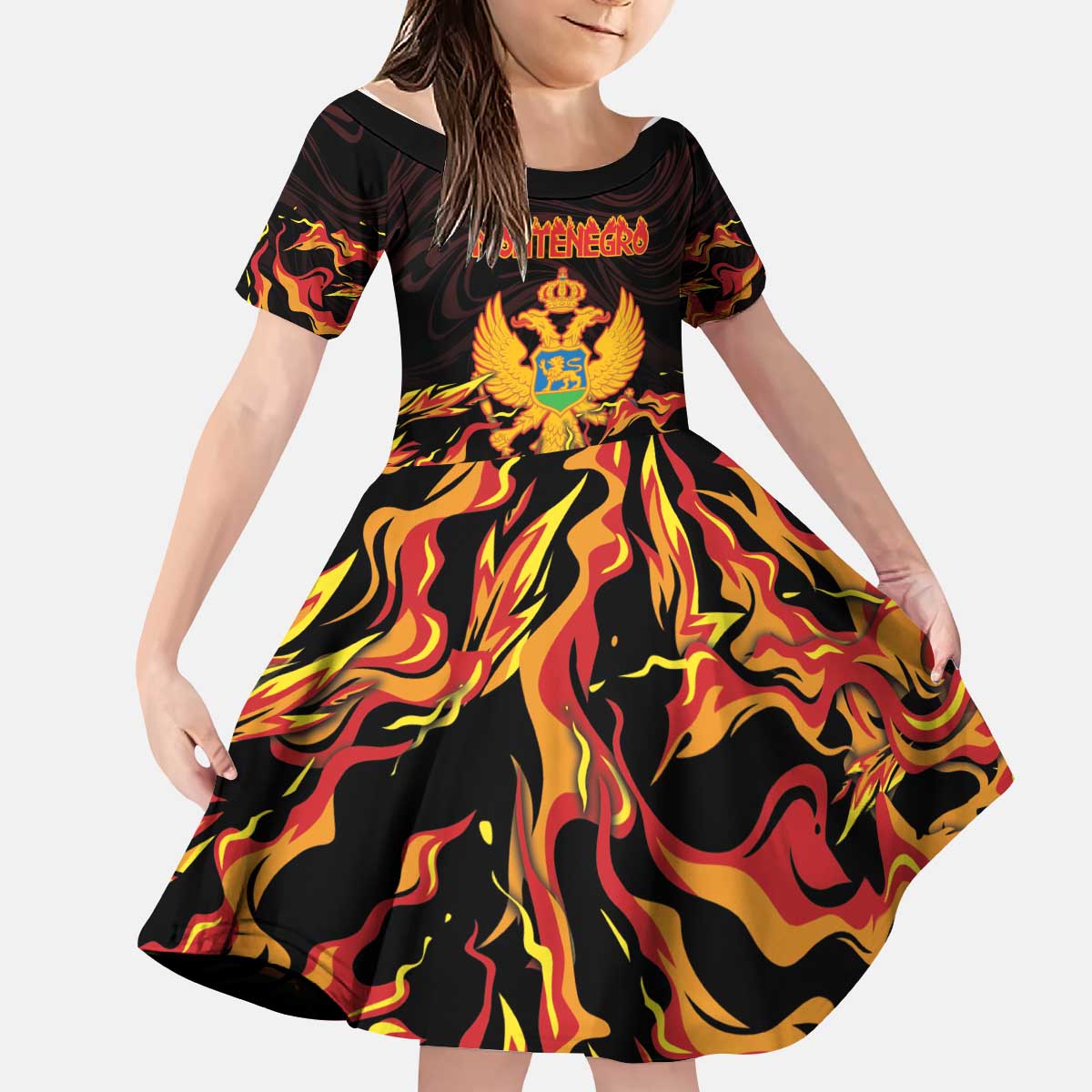 Personalized Montenegro Kid Short Sleeve Dress Coat Of Arms Fire Style - Wonder Print Shop