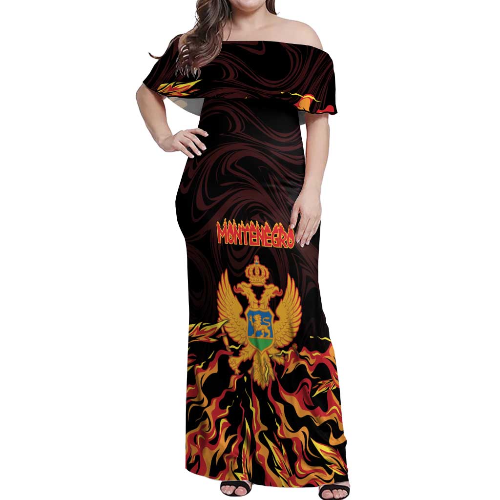 Personalized Montenegro Off Shoulder Maxi Dress Coat Of Arms Fire Style - Wonder Print Shop