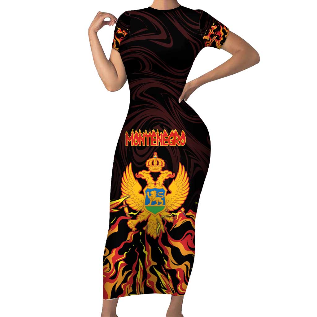 Personalized Montenegro Short Sleeve Bodycon Dress Coat Of Arms Fire Style - Wonder Print Shop