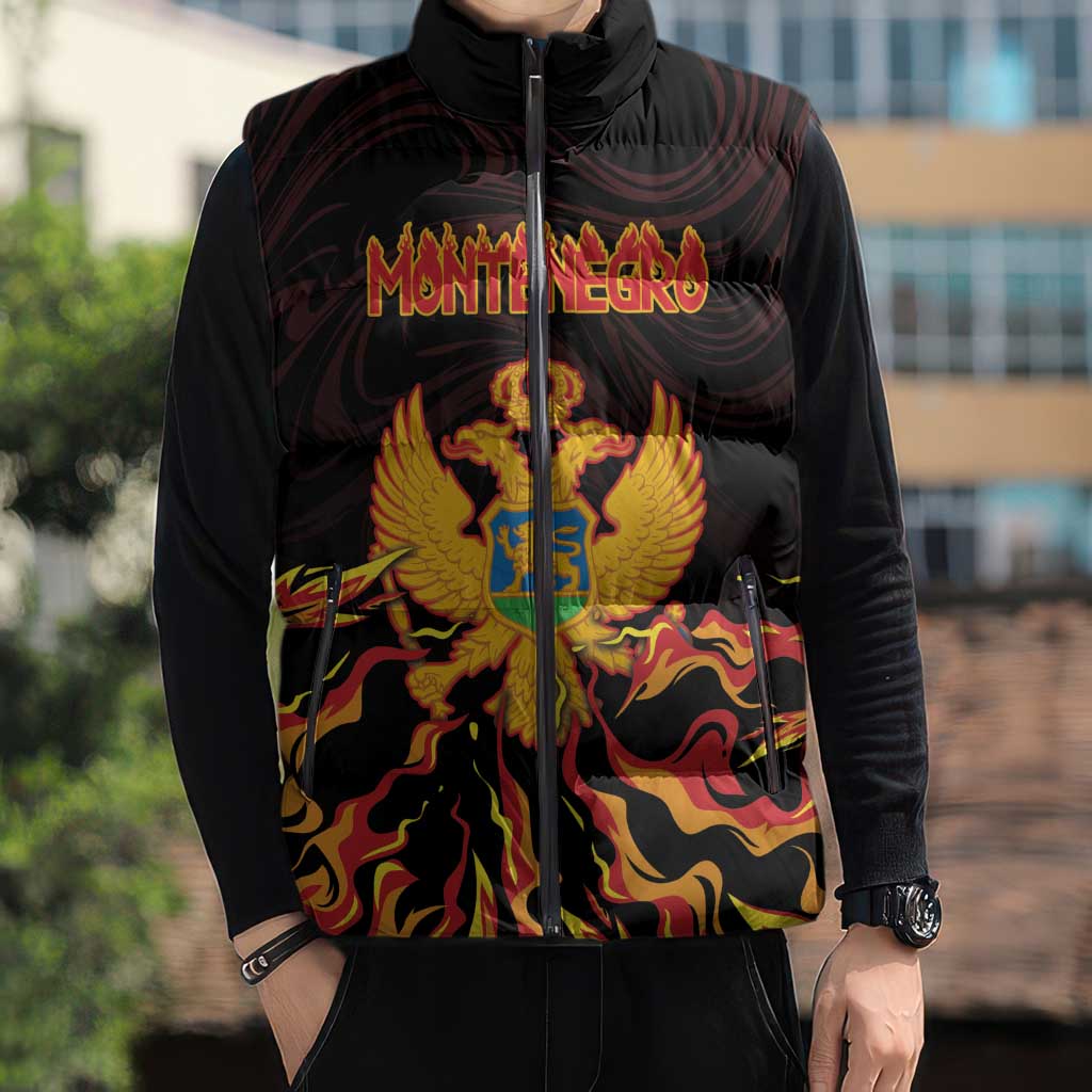 Personalized Montenegro Sleeveless Puffer Jacket Coat Of Arms Fire Style - Wonder Print Shop