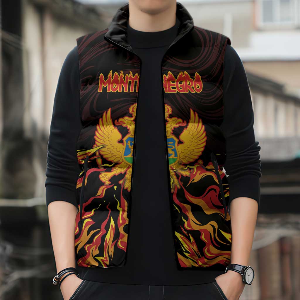 Personalized Montenegro Sleeveless Puffer Jacket Coat Of Arms Fire Style - Wonder Print Shop