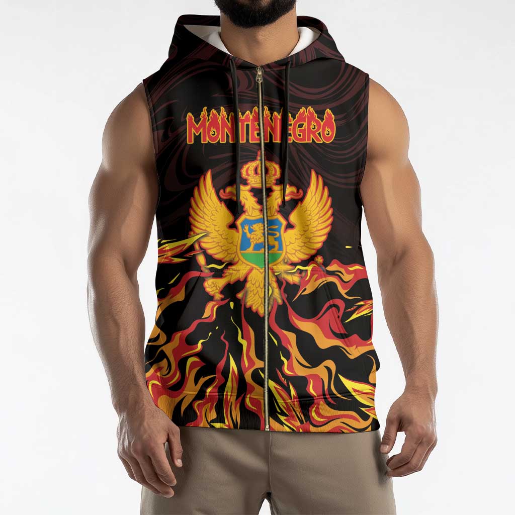 Personalized Montenegro Sleeveless Zip Hoodie Coat Of Arms Fire Style - Wonder Print Shop