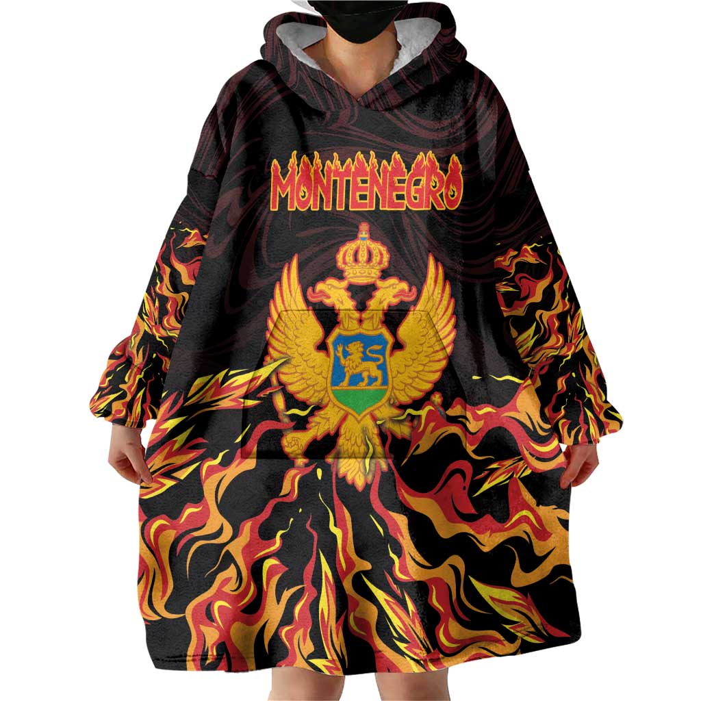 Personalized Montenegro Wearable Blanket Hoodie Coat Of Arms Fire Style - Wonder Print Shop