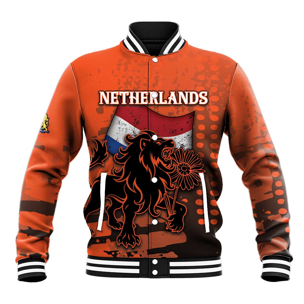 Personalized Netherlands Baseball Jacket Lion With Daisy Flower - Wonder Print Shop