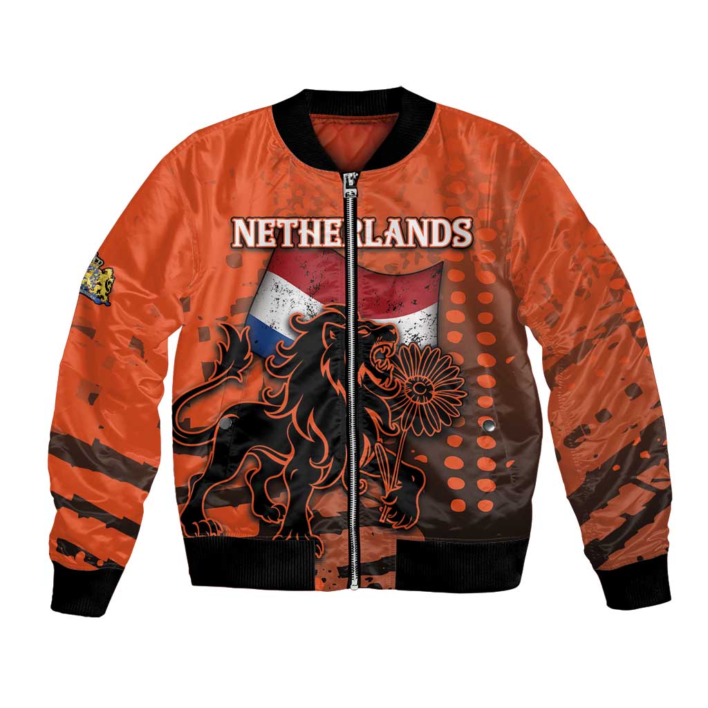 Personalized Netherlands Bomber Jacket Lion With Daisy Flower - Wonder Print Shop