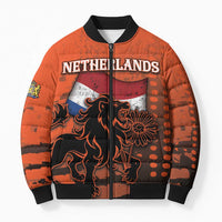 Personalized Netherlands Bomber Puffer Jacket Lion With Daisy Flower - Wonder Print Shop