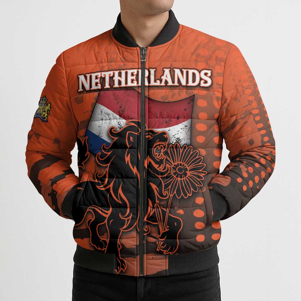 Personalized Netherlands Bomber Puffer Jacket Lion With Daisy Flower - Wonder Print Shop