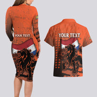 Personalized Netherlands Couples Matching Long Sleeve Bodycon Dress and Hawaiian Shirt Lion With Daisy Flower - Wonder Print Shop