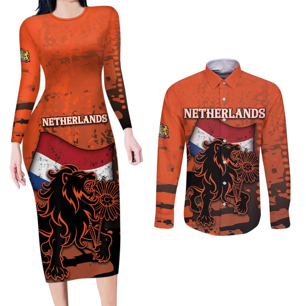 Personalized Netherlands Couples Matching Long Sleeve Bodycon Dress and Long Sleeve Button Shirt Lion With Daisy Flower - Wonder Print Shop