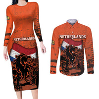 Personalized Netherlands Couples Matching Long Sleeve Bodycon Dress and Long Sleeve Button Shirt Lion With Daisy Flower - Wonder Print Shop