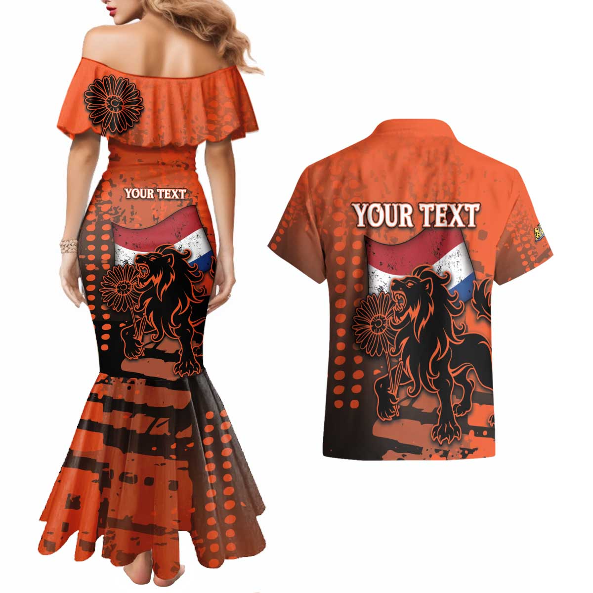 Personalized Netherlands Couples Matching Mermaid Dress and Hawaiian Shirt Lion With Daisy Flower - Wonder Print Shop
