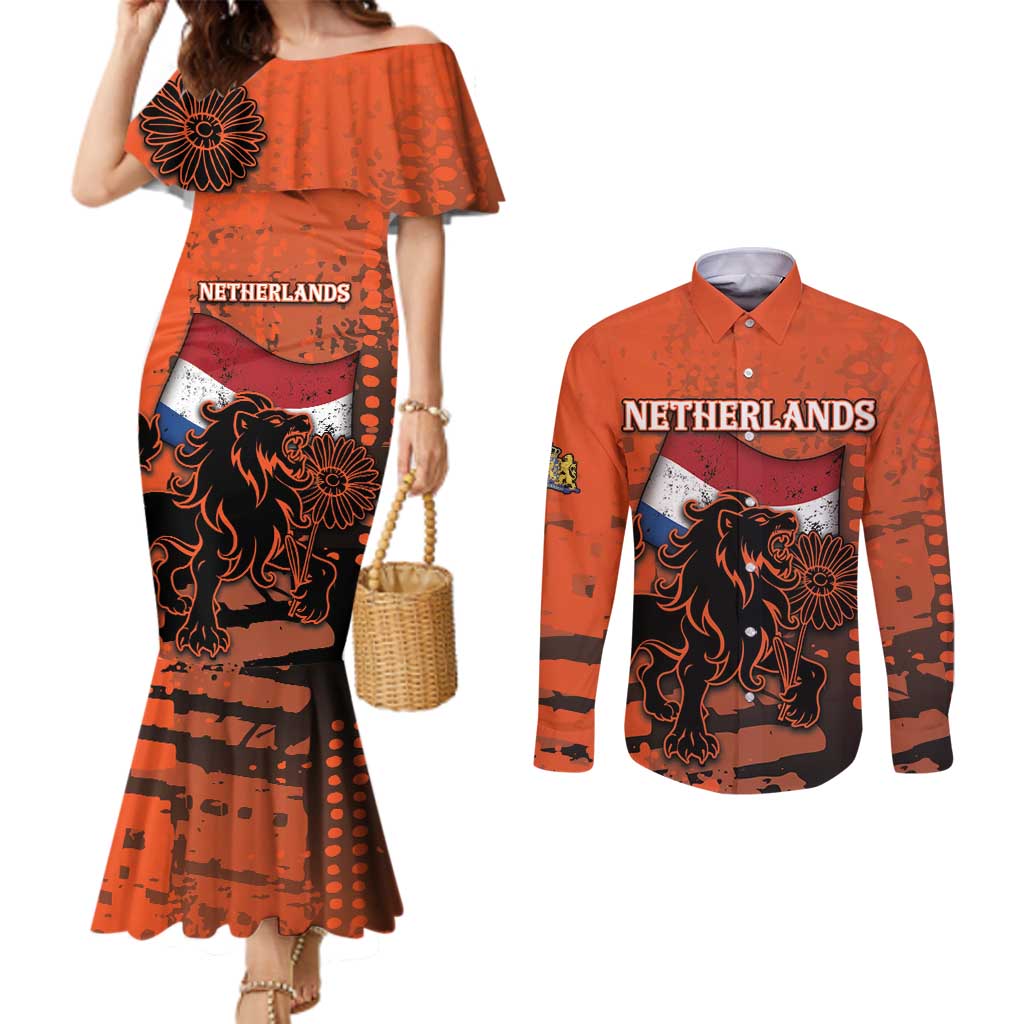 Personalized Netherlands Couples Matching Mermaid Dress and Long Sleeve Button Shirt Lion With Daisy Flower - Wonder Print Shop