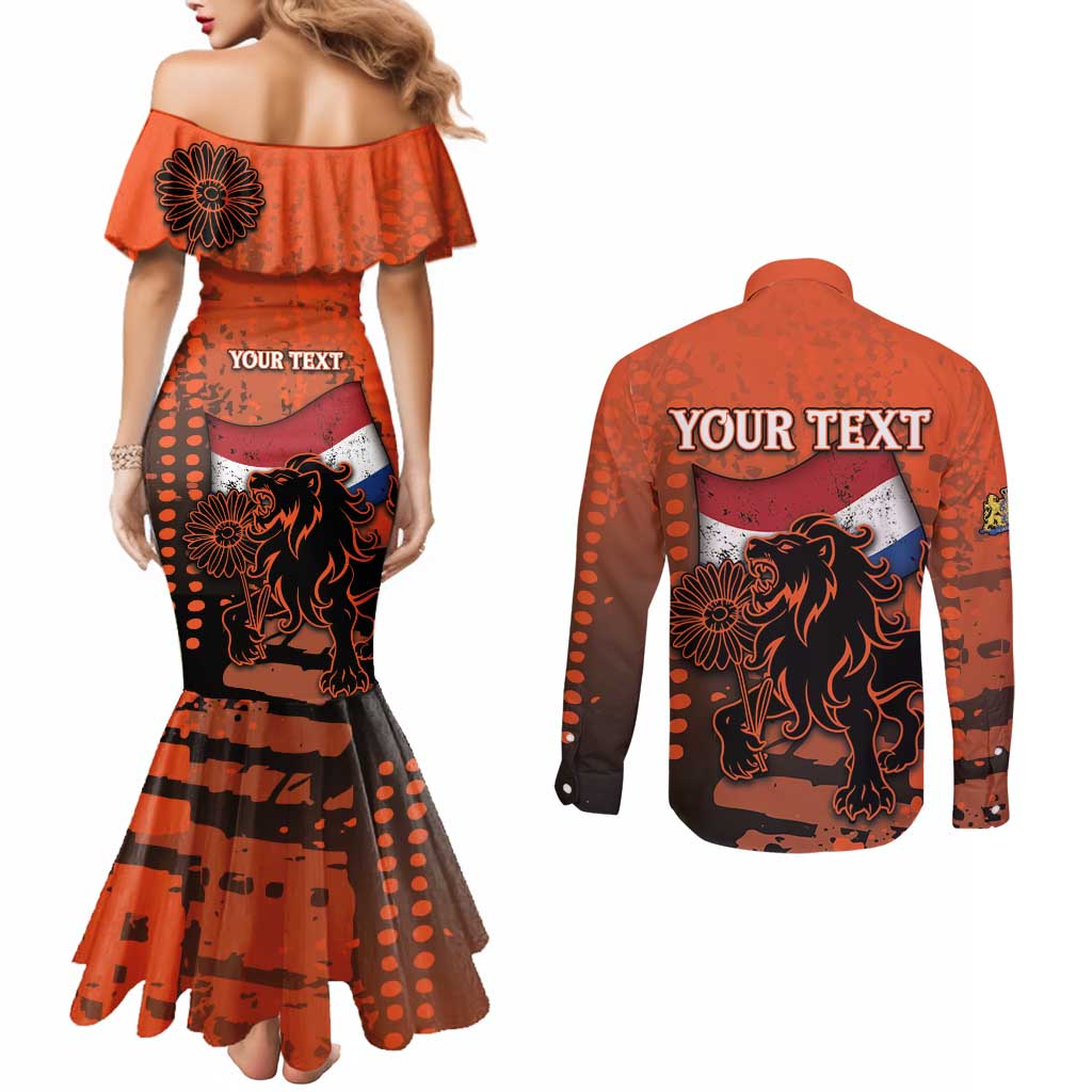 Personalized Netherlands Couples Matching Mermaid Dress and Long Sleeve Button Shirt Lion With Daisy Flower - Wonder Print Shop
