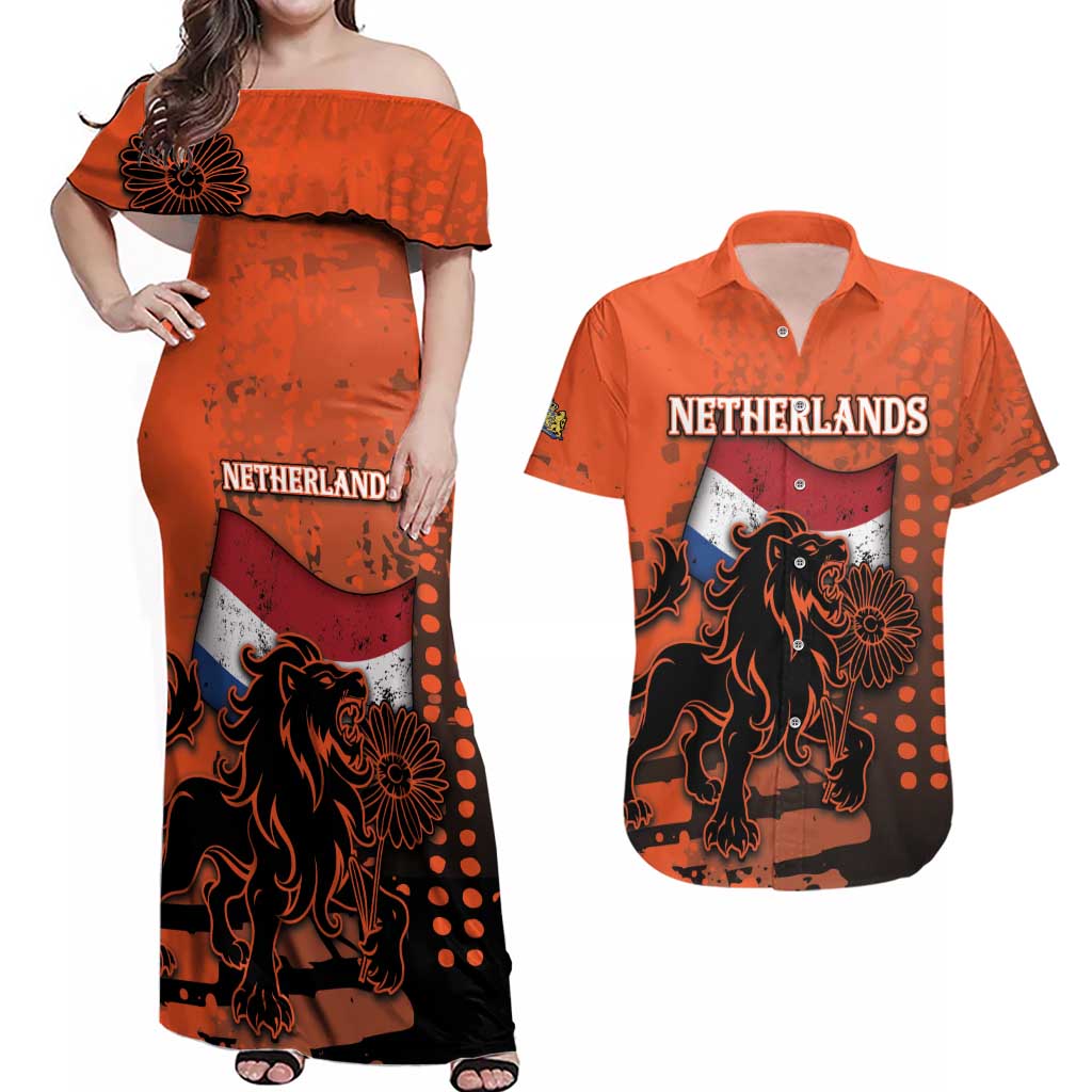 Personalized Netherlands Couples Matching Off Shoulder Maxi Dress and Hawaiian Shirt Lion With Daisy Flower - Wonder Print Shop