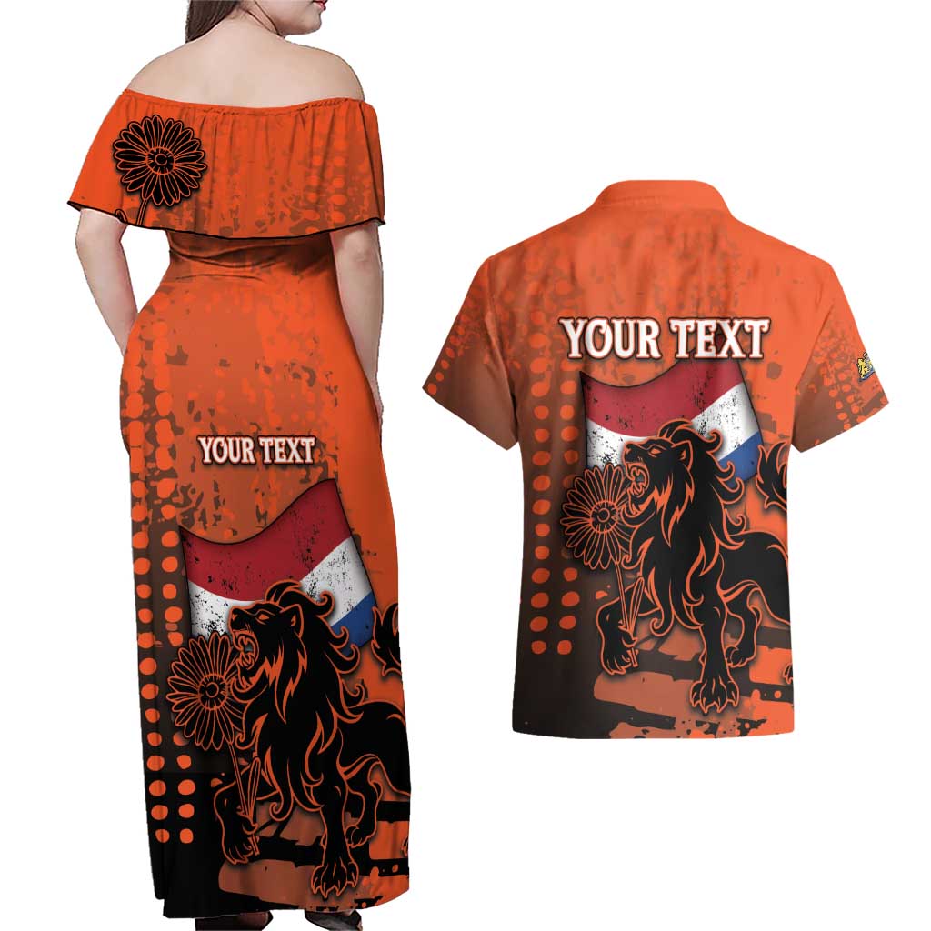 Personalized Netherlands Couples Matching Off Shoulder Maxi Dress and Hawaiian Shirt Lion With Daisy Flower - Wonder Print Shop