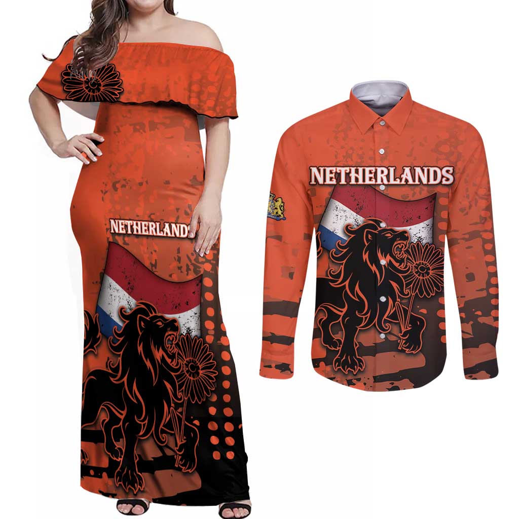 Personalized Netherlands Couples Matching Off Shoulder Maxi Dress and Long Sleeve Button Shirt Lion With Daisy Flower - Wonder Print Shop