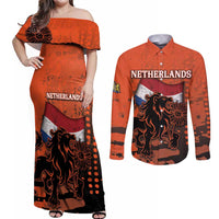 Personalized Netherlands Couples Matching Off Shoulder Maxi Dress and Long Sleeve Button Shirt Lion With Daisy Flower - Wonder Print Shop