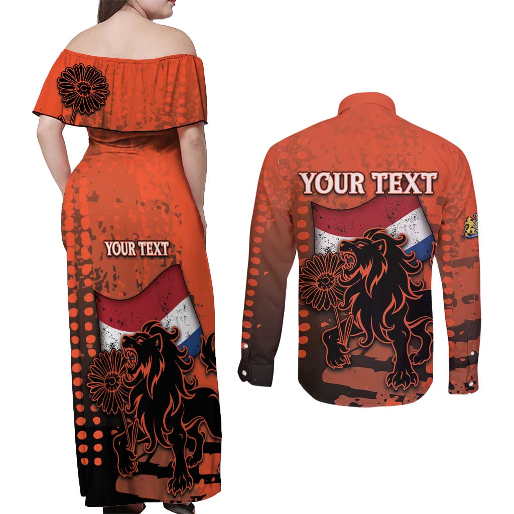 Personalized Netherlands Couples Matching Off Shoulder Maxi Dress and Long Sleeve Button Shirt Lion With Daisy Flower - Wonder Print Shop