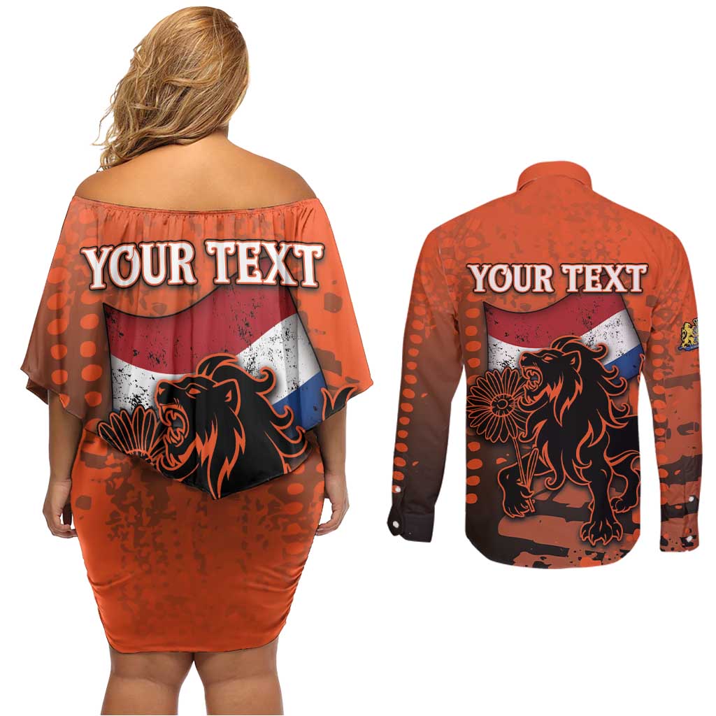 Personalized Netherlands Couples Matching Off Shoulder Short Dress and Long Sleeve Button Shirt Lion With Daisy Flower - Wonder Print Shop