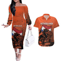 Personalized Netherlands Couples Matching Off The Shoulder Long Sleeve Dress and Hawaiian Shirt Lion With Daisy Flower - Wonder Print Shop