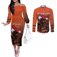 Personalized Netherlands Couples Matching Off The Shoulder Long Sleeve Dress and Long Sleeve Button Shirt Lion With Daisy Flower - Wonder Print Shop