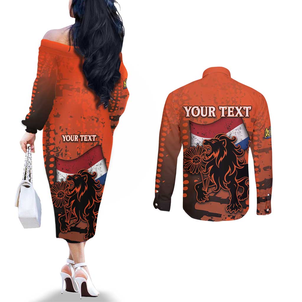 Personalized Netherlands Couples Matching Off The Shoulder Long Sleeve Dress and Long Sleeve Button Shirt Lion With Daisy Flower - Wonder Print Shop