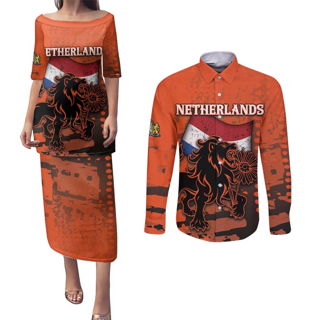 Personalized Netherlands Couples Matching Puletasi and Long Sleeve Button Shirt Lion With Daisy Flower - Wonder Print Shop
