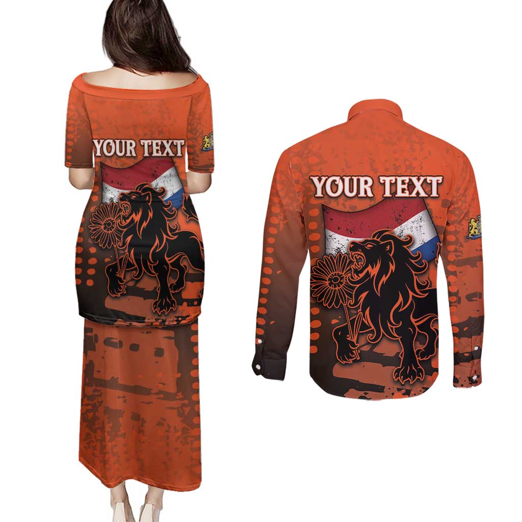 Personalized Netherlands Couples Matching Puletasi and Long Sleeve Button Shirt Lion With Daisy Flower - Wonder Print Shop